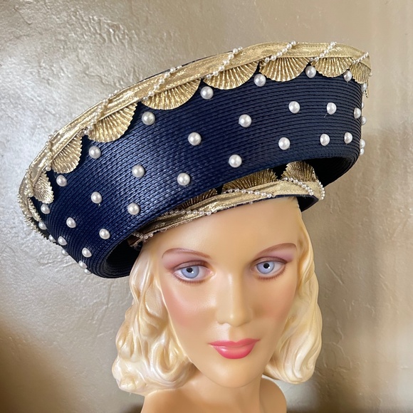 REGAL 1970s' NAVY STRAW WIDE BRIM HAT WITH INTRICATE GOLD EDGING& PEARLS